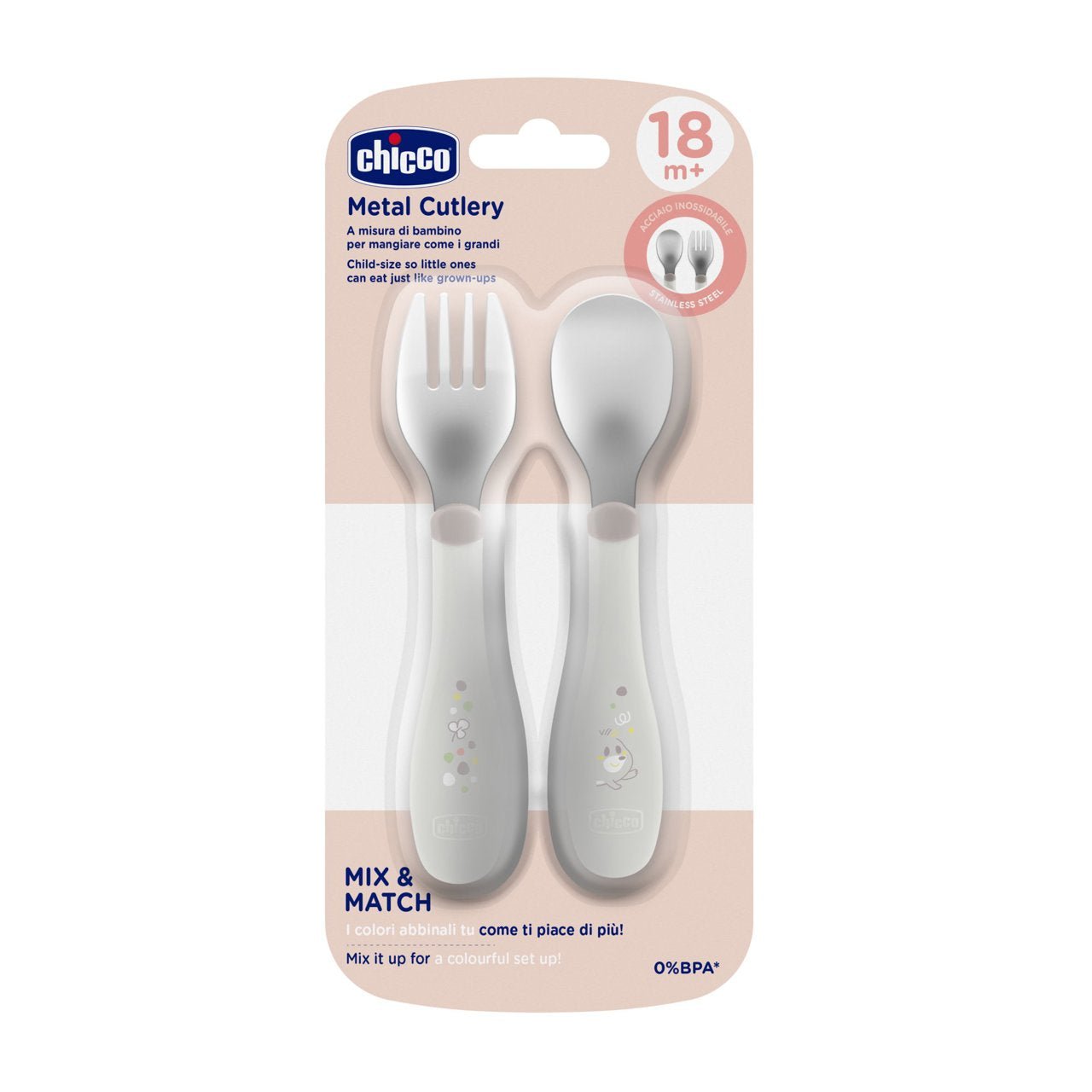 Chicco Stainless Steel Cutlery _ Gray _ 18M+ (ref. Ch.Ali16102350000) – Buy Now at Healtsy