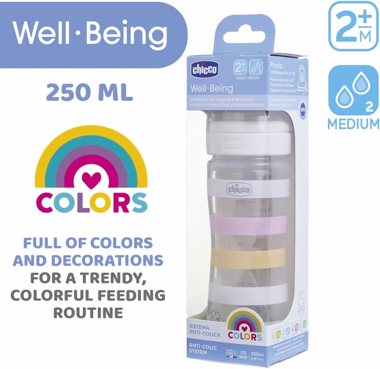Chicco WellBeing_ Silicone_ Medium Flow_ Green Bottle - 250ml - Healtsy
