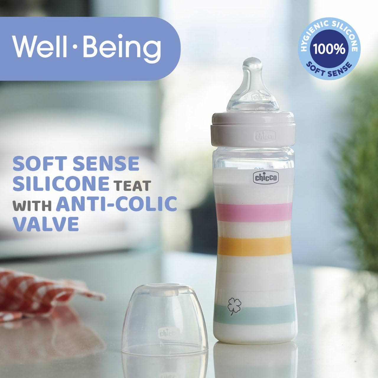 Chicco WellBeing_ Silicone_ Medium Flow_ Green Bottle - 250ml - Healtsy