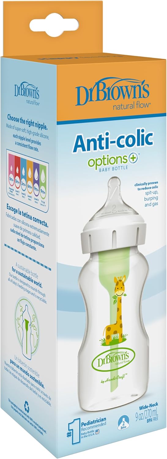 Dr Brown's Option+ Baby Bottle - Wide - Giraffe - Nipple No. 2 - 270ml - Healtsy