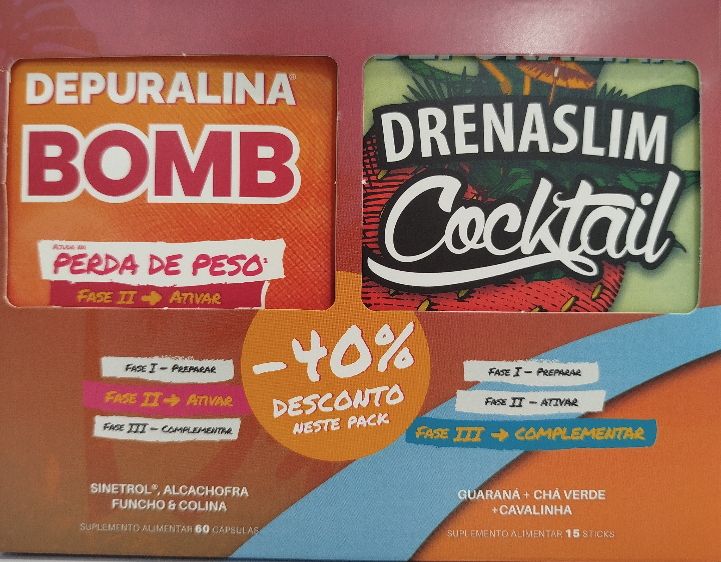 Depuralina Bomb (60 capsules) + Drenaslim Strawberry Cocktail (15 sticks) - Healtsy