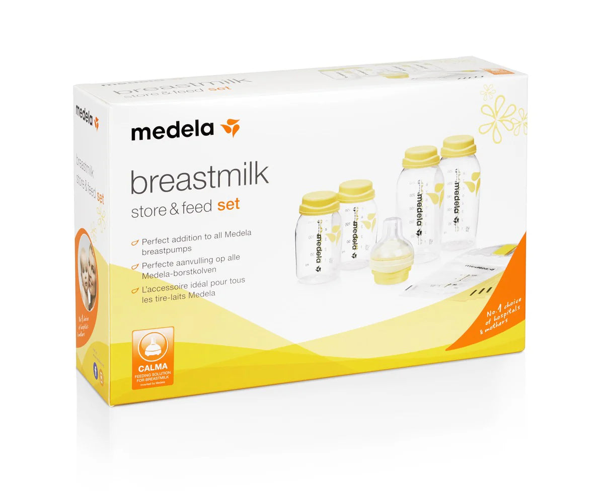 Medela breastmilk store & feed set packaging on a white background