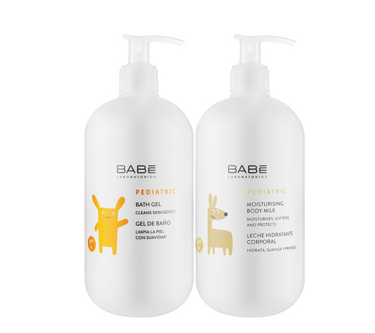 Gel de baño pediátrico Babé Babybox - 500 ml + Leche corporal hidratante - 500 ml