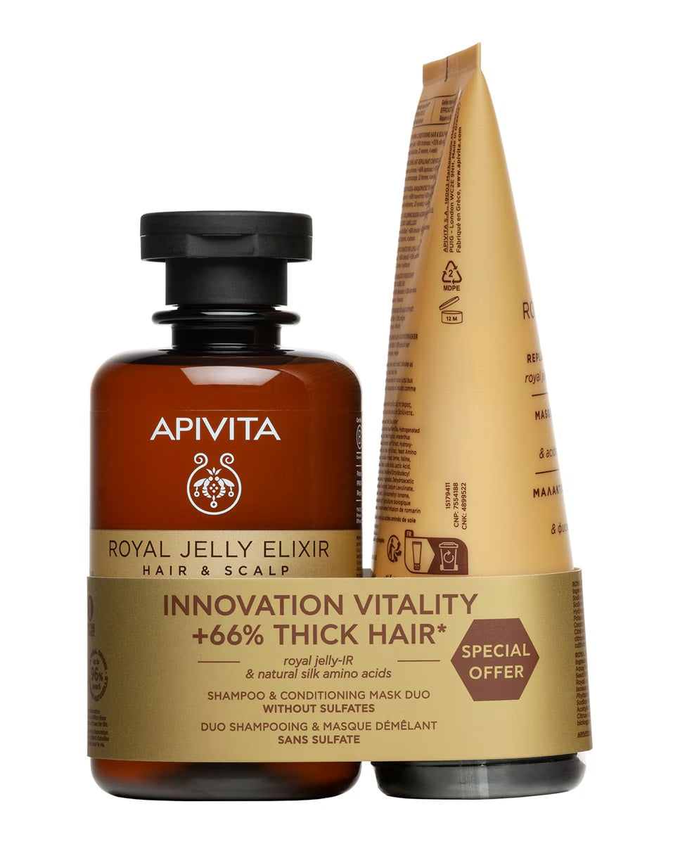 Apivita Royal Jelly Elixir Shampoo - 250 ml + Revitalizing Repairing Conditioning Mask - 150 ml - Healtsy