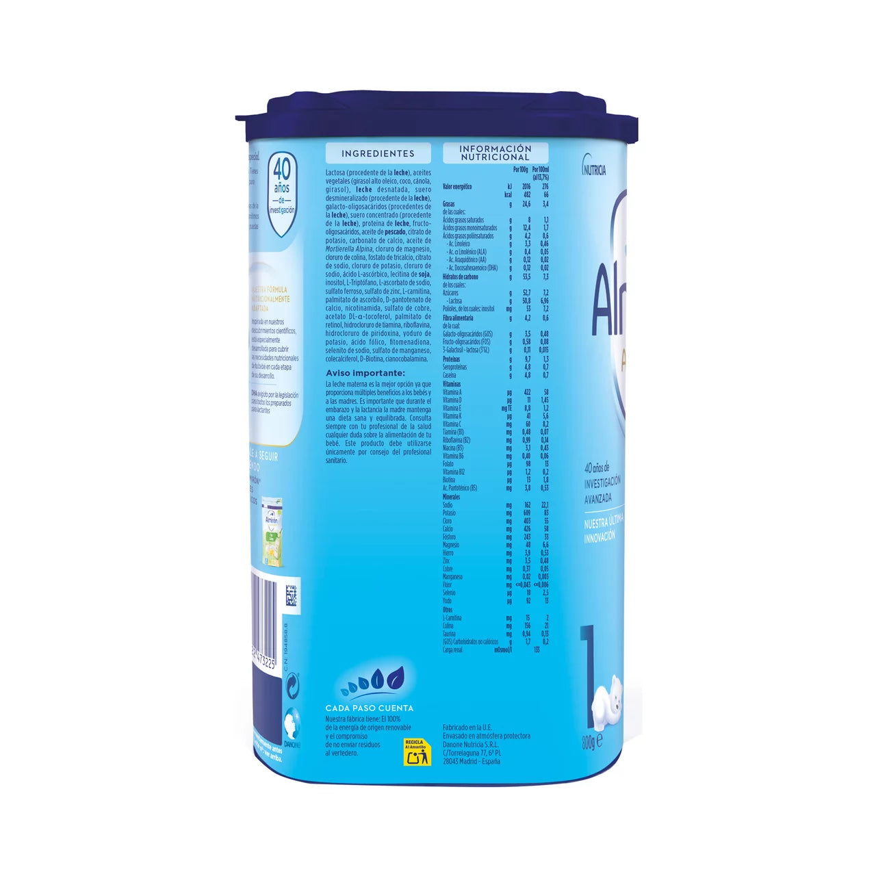 Blue baby formula canister with nutritional information on a white background