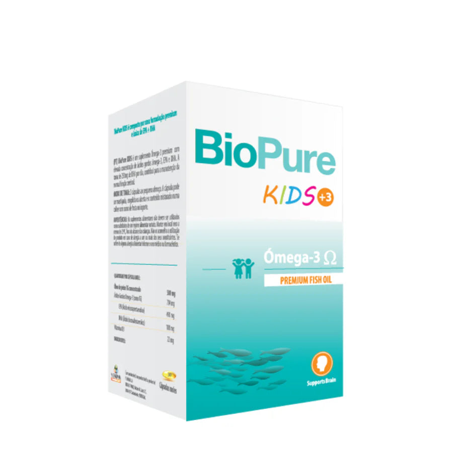 BioPure Kids Omega-3 fish oil supplement box on a white background