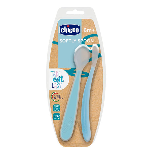 Chicco Blue Silicone Spoon 6M+ (Double Pack) ref Ch.Ali6828260000 - Healtsy