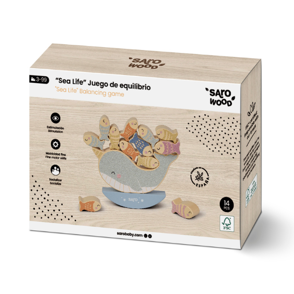 Sato Wood 'Sea Life' balance game packaging on a white background