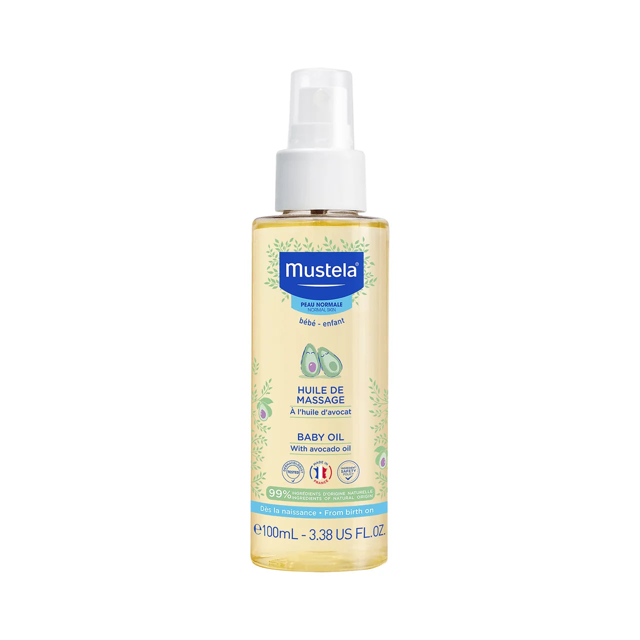Mustela baby oil spray bottle on a white background