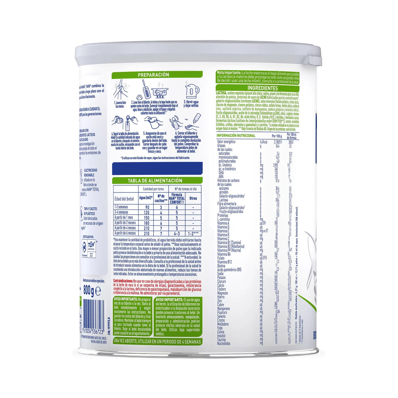 Container with nutritional information and usage instructions on a white background