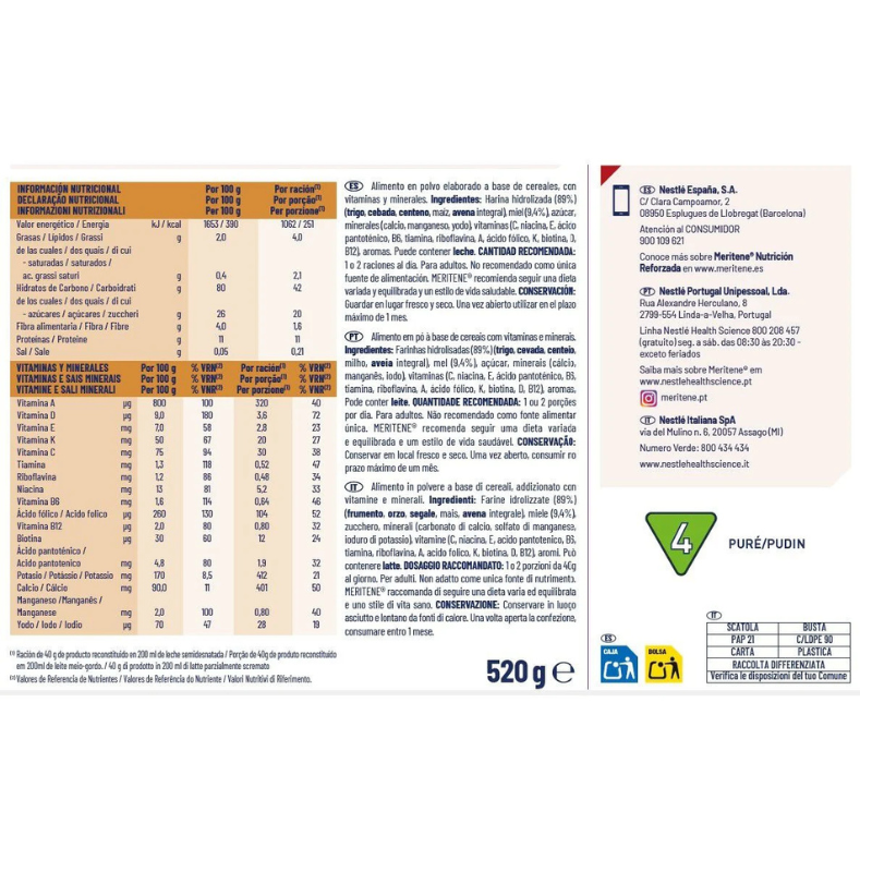 Meritene Instant Multicereal Cereal with Honey - 520G