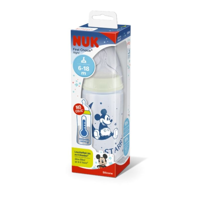 Nuk First Choice Mickey Night Silicone Bottle _ 6 - 18M - 300ml – Buy Now at Healtsy