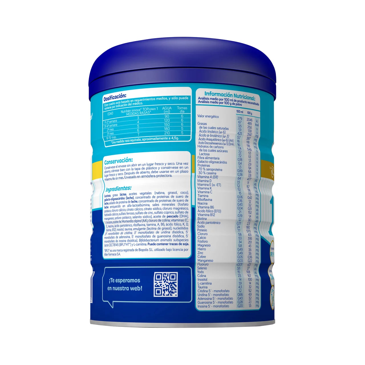 Back view of a blue and white container with nutritional information on a white background