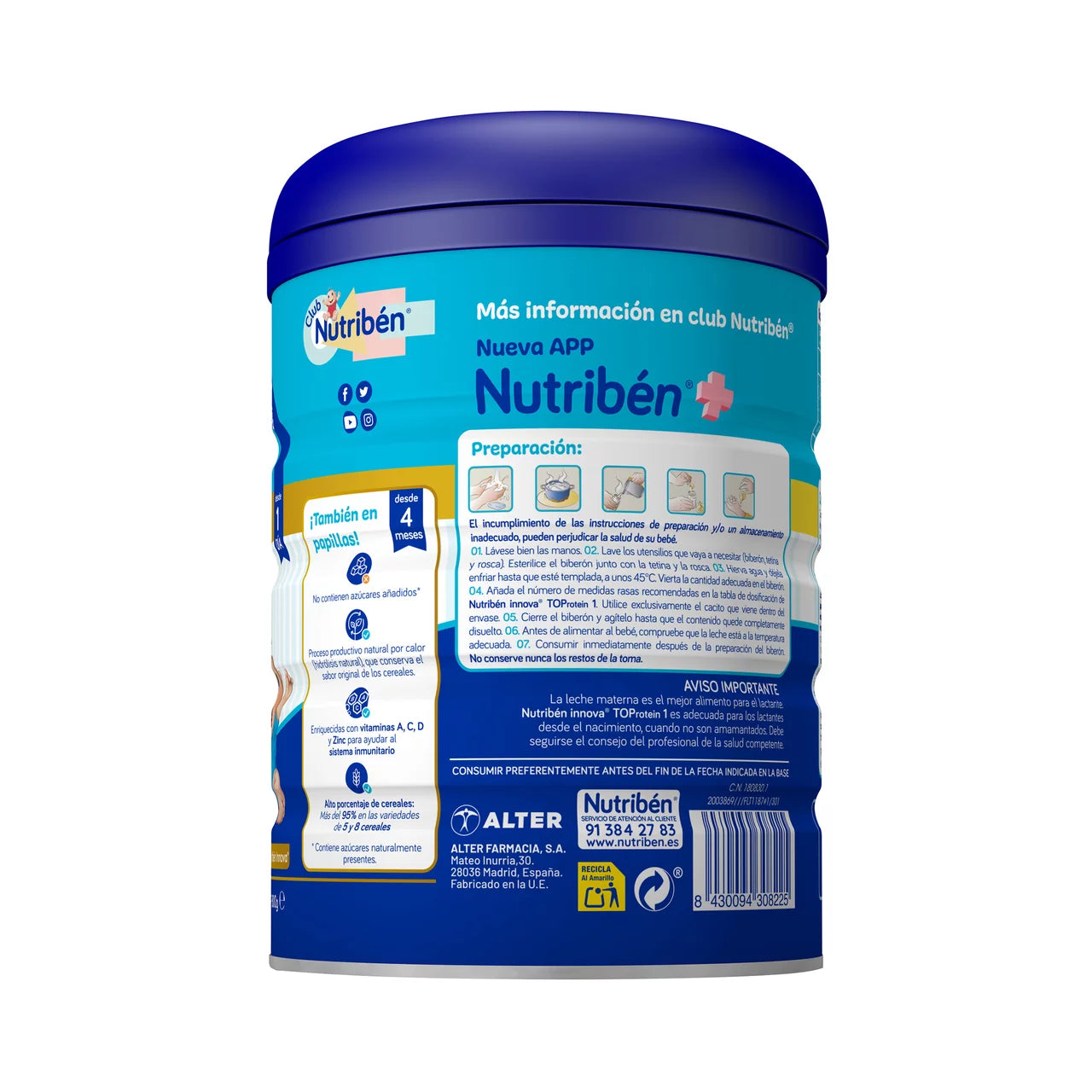 Nutribén baby formula container with blue lid and white body on a white background